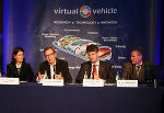V.l.n.r.: Dr. Henrietta Egerth (Geschäftsführerin FFG), Dr. Christian Buchmann (Steirischer Wirtschaftslandesrat), Univ.-Prof. Harald Kainz (Rektor der TU Graz), Dr. Jost Bernasch (Geschäftsführer VIRTUAL VEHICLE). © Virtual Vehicle Graz