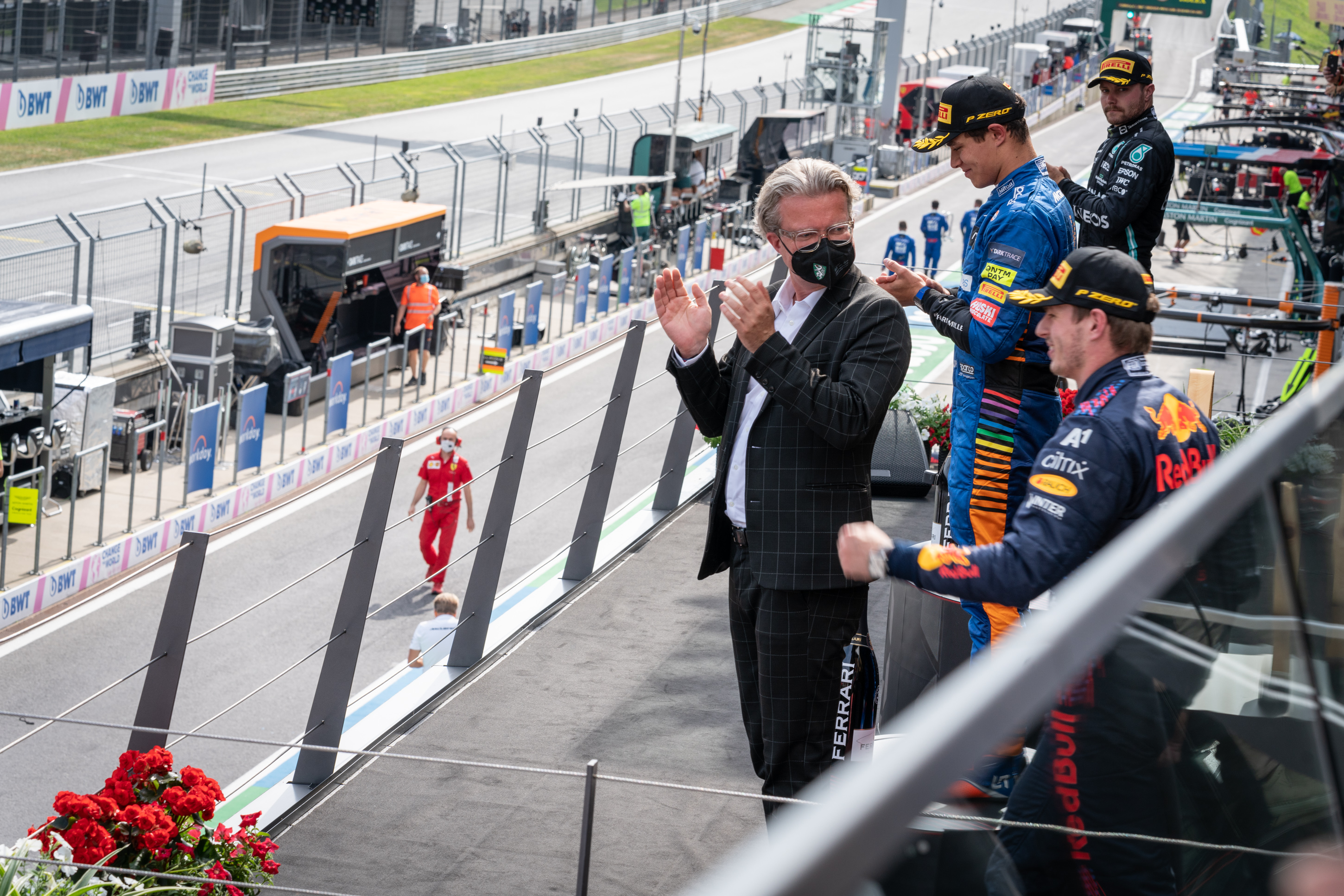 Max Verstappen, LR Drexler, Lando Norris, Valtteri Bottas