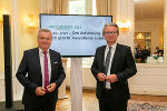 LH-Stv. Anton Lang und LR Christopher Drexler bei der Präsentation des Landesbudgets 2022. © Land Steiermark/Frankl; bei Quellenangabe honorarfrei