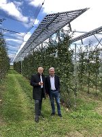Agrarlandesrat Hans Seitinger (l.) und sein Südtiroler Amtskollege Arnold Schuler (r.) besichtigen die Agri-PV-Anlage in Haidegg © Land Steiermark/Lebensressort; Verwendung bei Quellenangabe honorarfrei Agrarlandesrat Hans Seitinger (l.) und sein Südtiroler Amtskollege Arnold Schuler (r.) besichtigen die Agri-PV-Anlage in Haidegg
